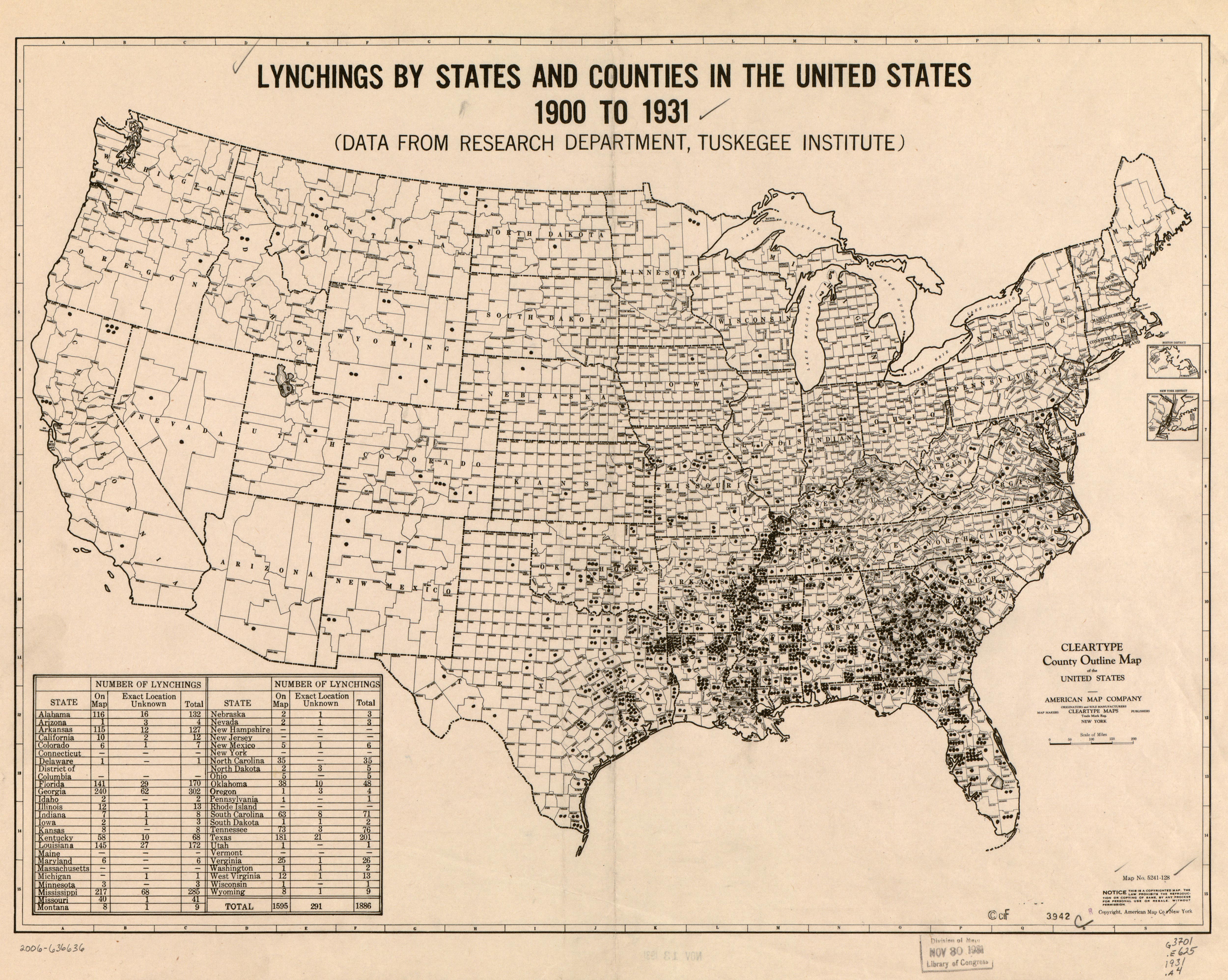 Map of lynchings by states and counties 1900 - 1931 