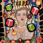 mixed media art of a woman surrounded by books and flowers and bees