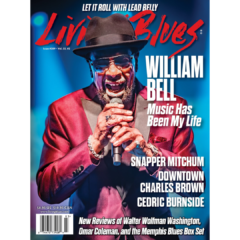 William Bell singing into a microphone on cover of Living Blues magazine
