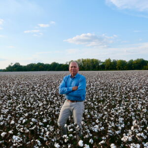 Ralph Eubanks stands in a field of cotton