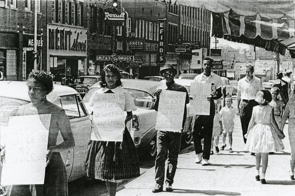 Students from Friendship College demonstrate in Rock Hill on Main Street, March 1960. (Rock Hill Herald)
