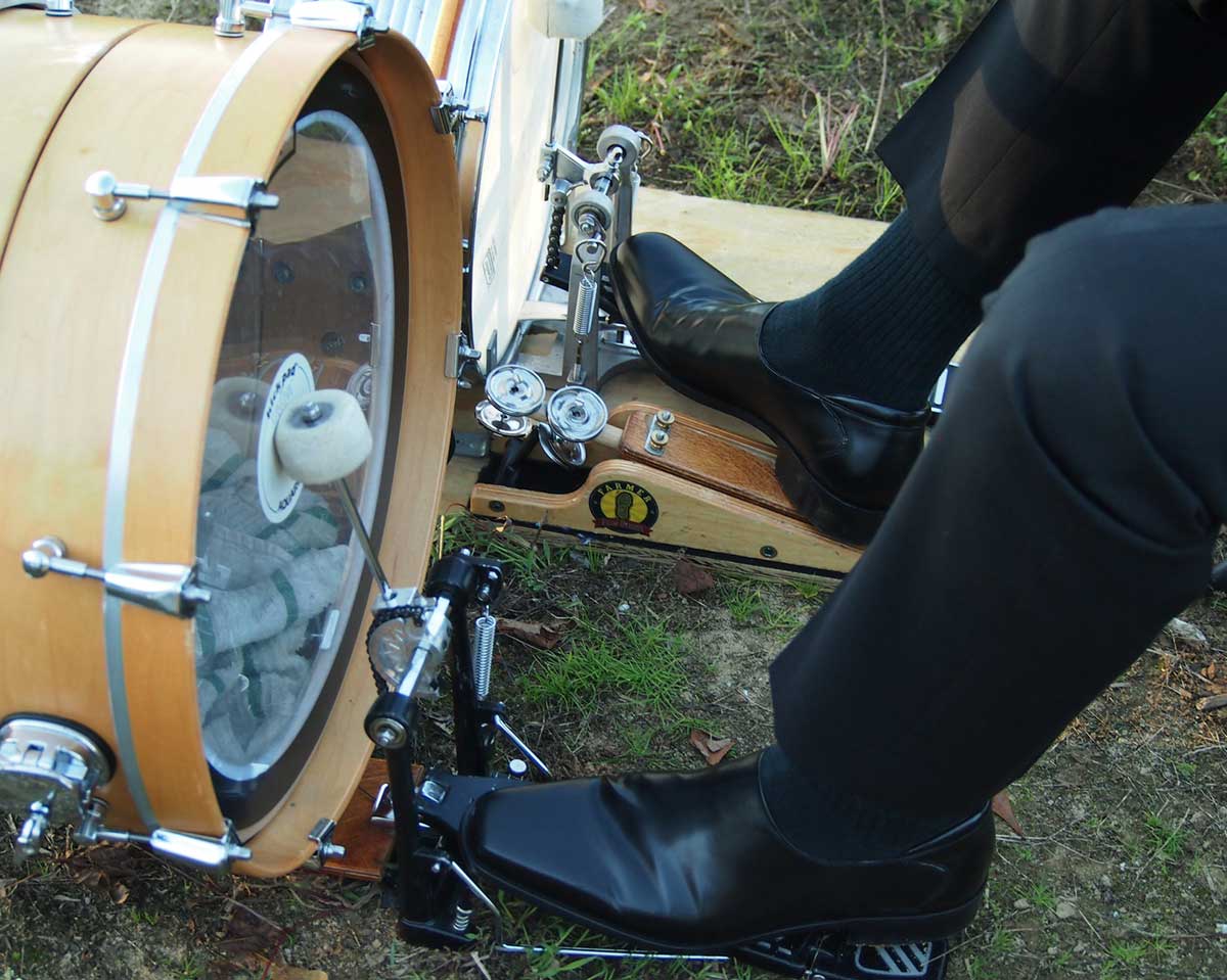The author’s feet at the controls of his one-man-band percussion ensemble.